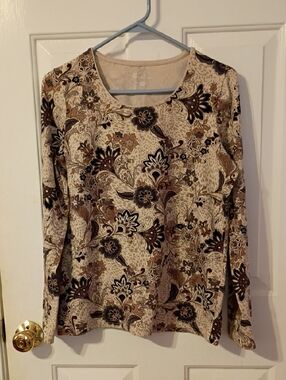 Kim Rogers Beige Floral-Print Long Sleeve Top